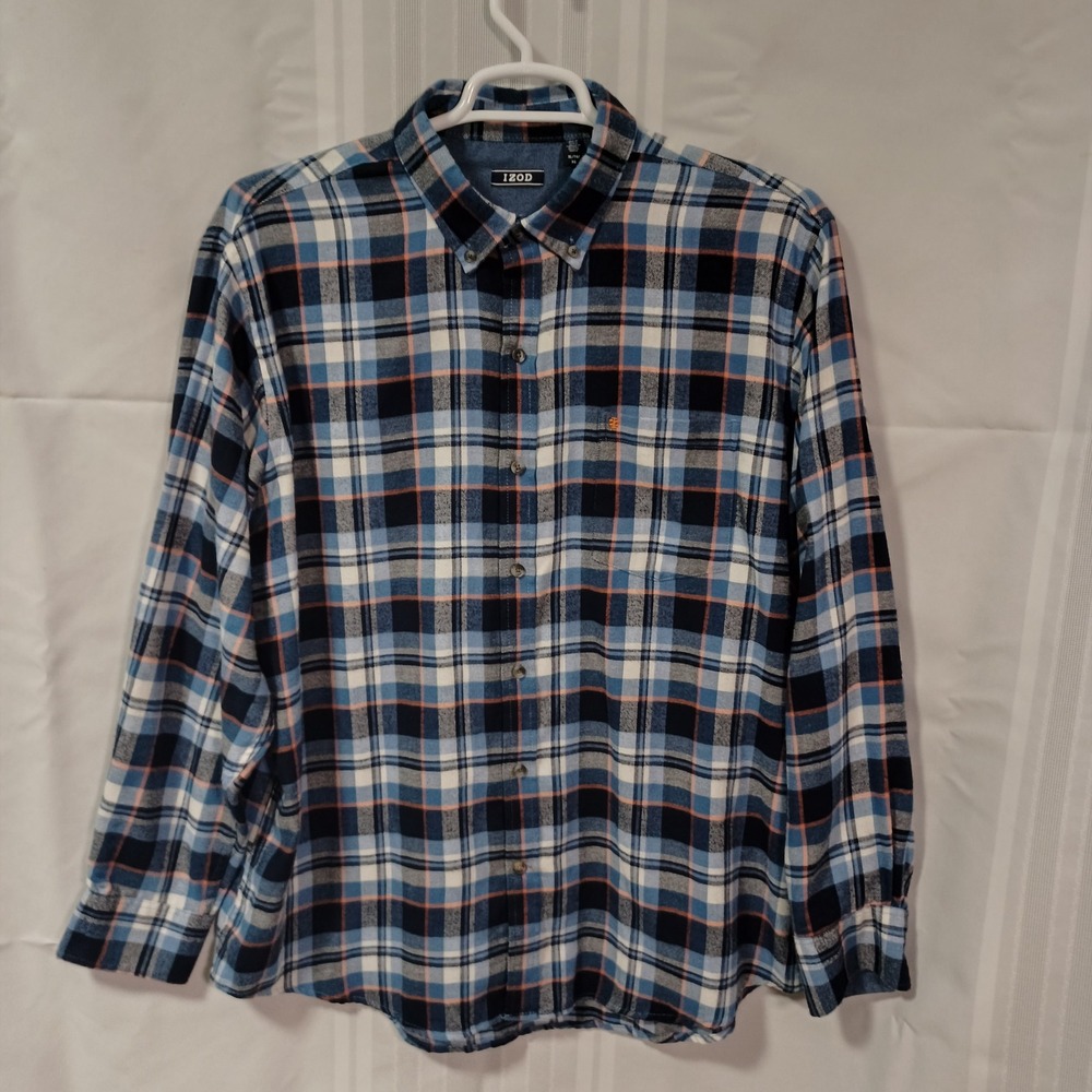 Izod Mens XL Blue Plaid Flannel Button Down Shirt Long Sleeve 45P5184 F2019